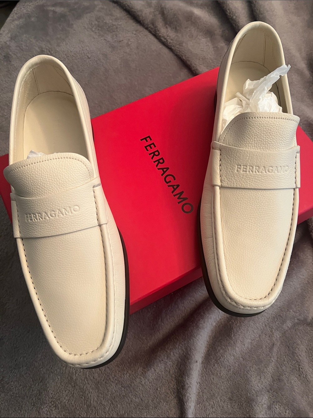 Salvatore Ferragamo Men's Cream Leather Penny Loafers